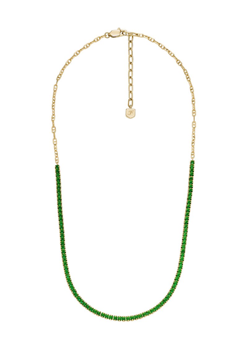 Gouden ketting met een rij groene stenen, gerangschikt in een rechte, slanke stijl met een sluiting en verstelbare lengte.