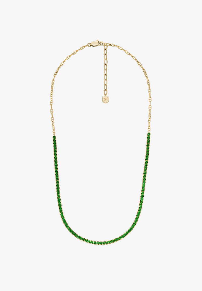 Goldene Halskette mit einer Reihe grüner Steine, die in einem geraden, schlanken Design angeordnet sind, mit einem Verschluss und verstellbarer Länge.