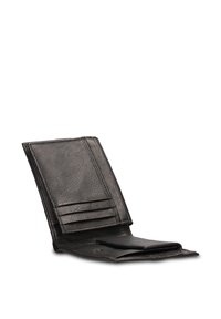 Zwarte leren portemonnee, bi-fold ontwerp, textuureinde, meerdere kaarthouders aan één zijde en een vak voor biljetten of bonnetjes.