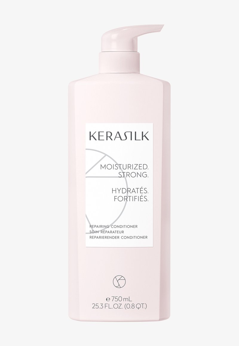 Tall pink pump bottle labeled "KeraSilk Moisturized Strong Repairing Conditioner" in English, French, and German, 750 mL.