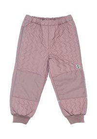 Pantaloni imbottiti rosa con una texture ondulata e pannelli lisci. Presentano una vita elastica e polsini, con strisce accentuate di colore azzurro.
