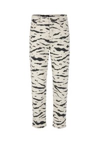 Schwarze und weiße Tiger-Print-Jeans aus Baumwoll-Denim, mit tailliertem Bund, geraden Beinen und klassischem Fünf-Taschen-Design.