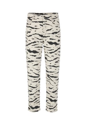 Black and white tiger print jeans made of cotton denim, featuring a fitted waist, straight legs, and classic five-pocket design.