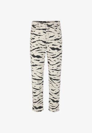 Black and white tiger print jeans made of cotton denim, featuring a fitted waist, straight legs, and classic five-pocket design.