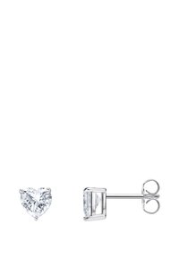 Herzförmige Steckerohrringe aus silberfarbenem Metall, mit klaren, geschliffenen Kristallen. Sichere Verschluss mit Post-Back und kreisförmigem Design.