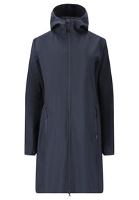 Lång mörkblå regnrock med huva. Har en hel dragkedja framtill och två sidofickor med dragkedja. Mjukt, vattenavvisande tyg.