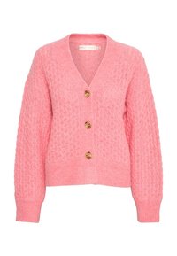 Pink knitted cardigan with a V-neck, featuring textured patterns, four large wooden buttons, and long sleeves with ribbed cuffs.