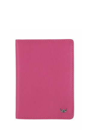 Bright pink leather wallet with visible stitching and small silver logo emblem in the bottom right corner on a white background.