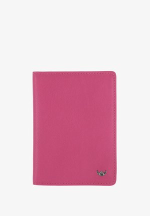 Bright pink leather wallet with visible stitching and small silver logo emblem in the bottom right corner on a white background.