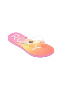 Rosa flip-flop sandal med en gradient från rosa till orange, klara remmar och vit "ROXY"-logotyp på sulan. Texturerad fotbädd.