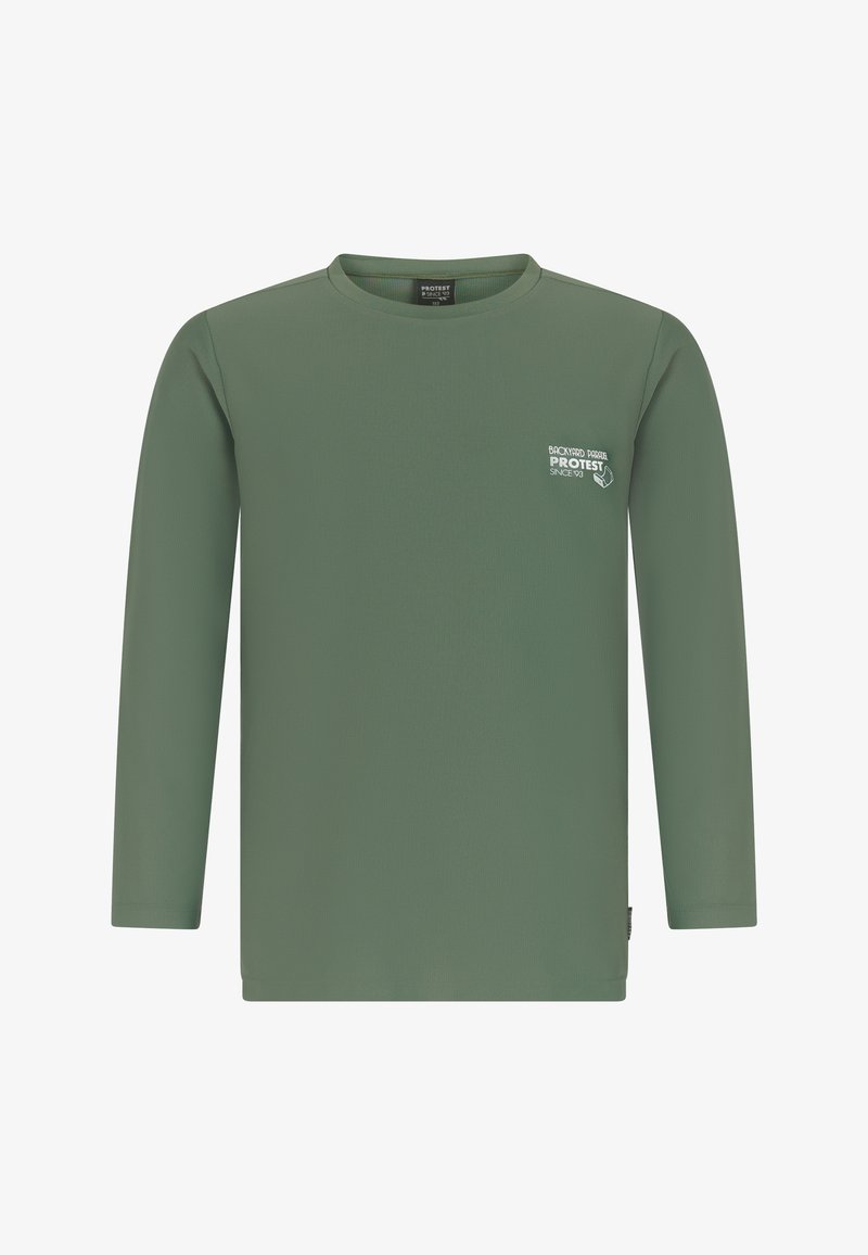 Grünes Langarmshirt mit Rundhalsausschnitt und kleinem weißen Aufdruck "Backyard Park Protest Since '93" sowie Grafik auf der linken Brust.