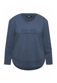 Dunkelblaues langärmliges T-Shirt aus weichem Stoff, mit Rundhalsausschnitt und abgerundetem Saum, auf der Vorderseite bedruckt mit "eine Stadt, unzählige Geschichten".