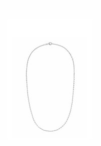 Silversmyckekedja med små, ovala länkar och klämma av typerna lobster på en vit bakgrund.