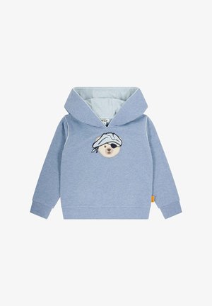 Sudadera azul claro con un gran gráfico de un oso que lleva un pañuelo y un parche en el ojo. Tiene capucha y puños acanalados. Hecha de una tela suave.