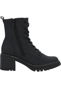 Black ankle boots with a lace-up front, side zipper, chunky heel, and textured rubber sole. Features stitched detailing and a round toe.