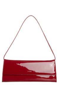 Red patent leather clutch purse with a slim design, featuring a subtle logo accent and a single shoulder strap. Smooth and glossy texture.