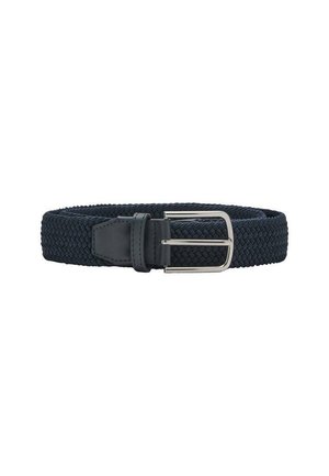 Ceinture tissée marine avec un tissu texturé et des accents en cuir ; elle possède une boucle en métal argenté et une longueur ajustable pour un bon fit.