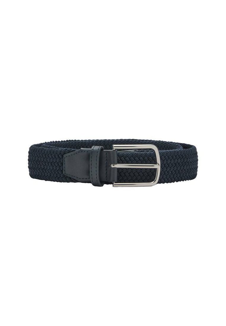 Marineblaue gewebte Gürteltasche aus strukturiertem Stoff mit Lederakzenten; mit einer silbernen Metallschnalle und verstellbarer Länge für die optimale Passform.