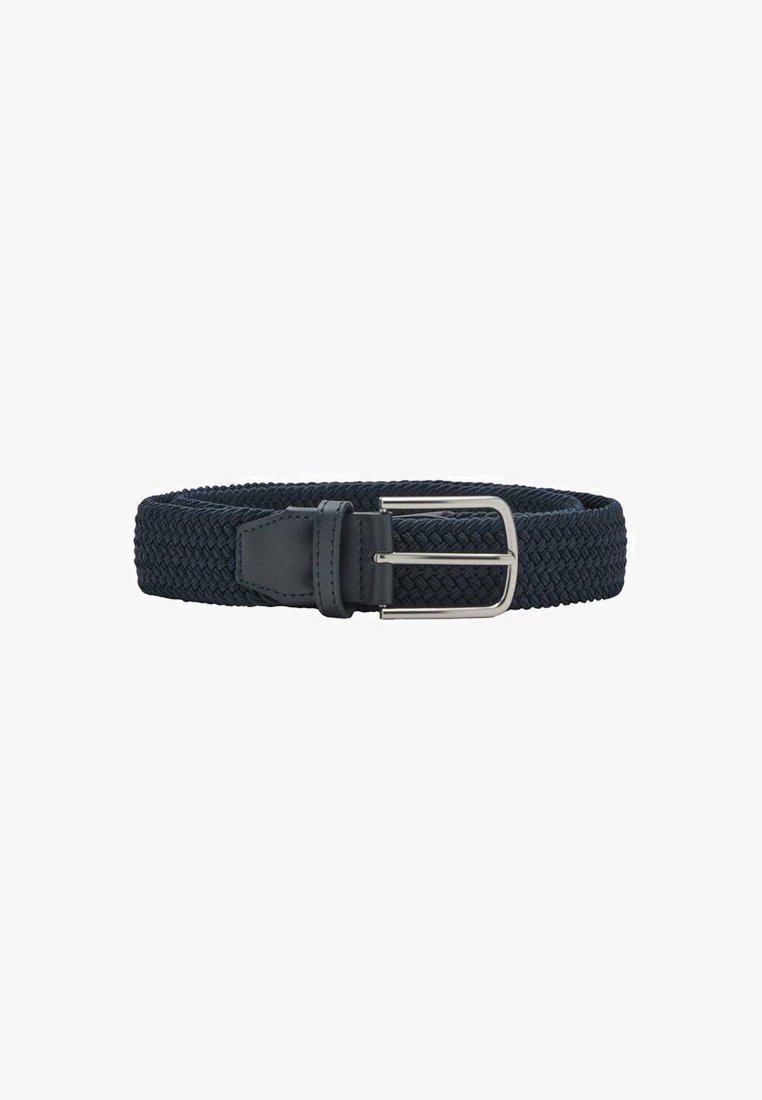 Marineblaue gewebte Gürteltasche aus strukturiertem Stoff mit Lederakzenten; mit einer silbernen Metallschnalle und verstellbarer Länge für die optimale Passform.