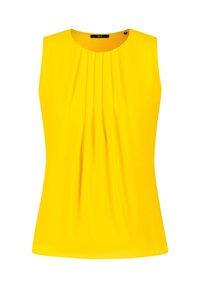 Blouse sans manches jaune en tissu lisse, avec un col rond et des plis verticaux sur le devant. Design simple et sans ornements.