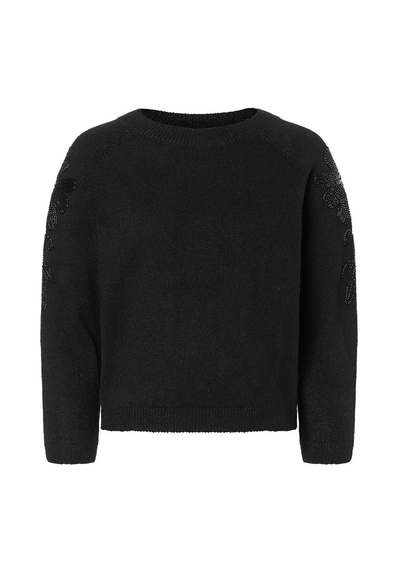 Czarny sweter dziany z okrągłym dekoltem, rękawami o długości trzy czwarte oraz teksturowanymi detalami na ramionach. Miękkie wykończenie materiału.