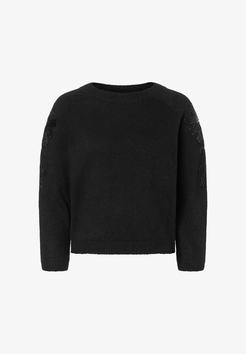 Czarny sweter dziany z okrągłym dekoltem, rękawami o długości trzy czwarte oraz teksturowanymi detalami na ramionach. Miękkie wykończenie materiału.