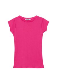 Camiseta ajustada de manga corta en algodón de color rosa brillante, con un cuello redondo y una textura suave y elástica.