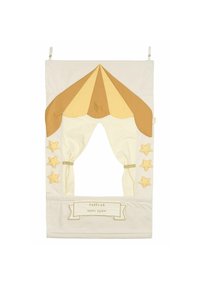 Cotton decorative theater backdrop with a brown and beige canopy, star accents, and a banner reading "Faselab Mini Show."