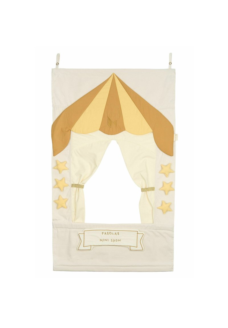 Cotton decorative theater backdrop with a brown and beige canopy, star accents, and a banner reading "Faselab Mini Show."