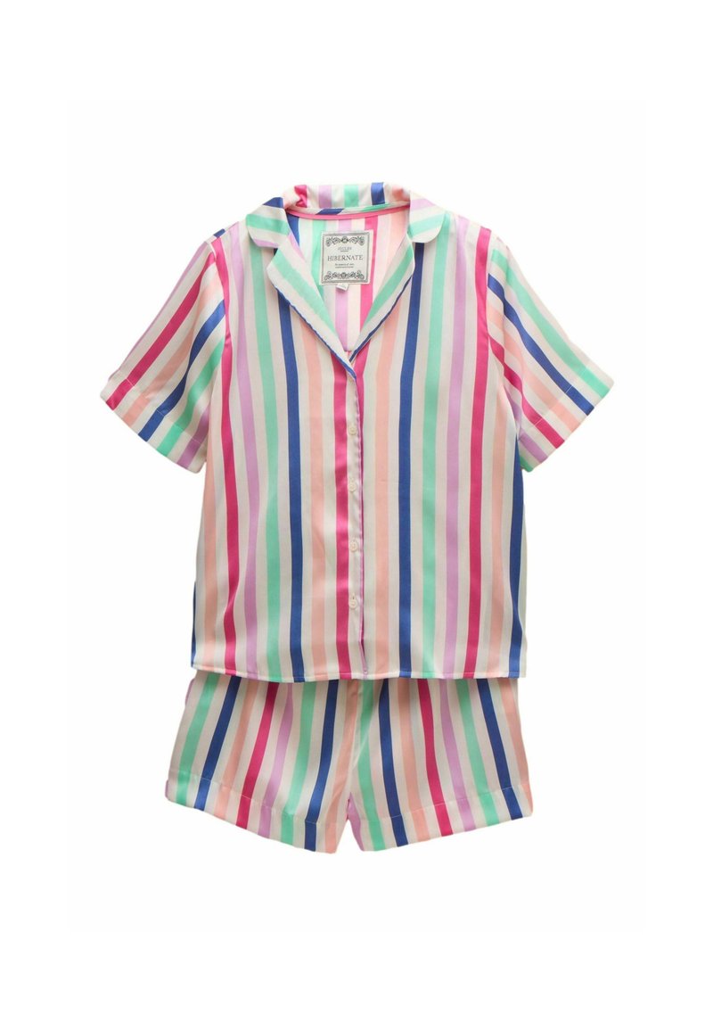 Skr-shortu pidžamu komplekts ar krāsainām vertikālām svītrām rozā, zaļā, zilā un purpursarkanā krāsā. Komplektā ietilpst pogājama krekls un atbilstošas šortus.