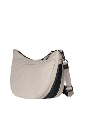 Beige crescentförmige Umhängetasche mit schwarzem Reißverschluss, verstellbarem beigen Riemen und leicht gepolstertem Stoffdesign.