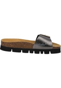 Black slide sandal with metallic strap, cork footbed, and a textured rubber sole featuring a distinct tread pattern.