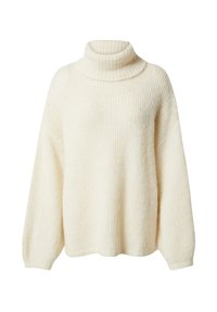 Cremfarbener Rollkragenpullover aus Strickstoff mit lockerer Passform, gesenkten Schultern und geripptem Stoff. Ideal zum Kombinieren.