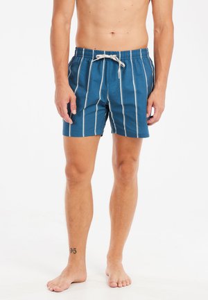 Shorts de bain bleus avec des rayures verticales blanches, taille élastique et cordon de serrage. Tissu texturé, design long jusqu'au genou.
