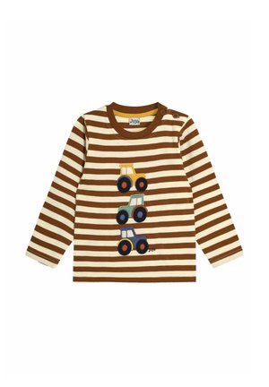 Striped long-sleeve shirt in brown and cream, featuring three embroidered tractors in yellow, green, and blue. Soft cotton fabric.