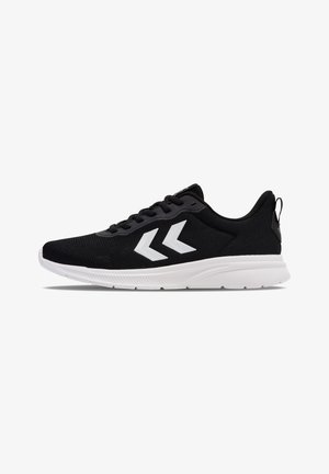 Zapato deportivo negro con logo de doble flecha blanco en el lateral, cordones negros y suela blanca gruesa, mostrado de perfil sobre fondo blanco.