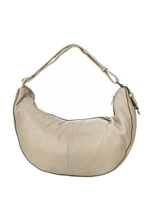 Beige Leder-Umhängetasche mit geschwungener Form, einem oberen Reißverschluss und einem dicken, verstellbaren Riemen. Verfügt über dezente Nahtdetails.