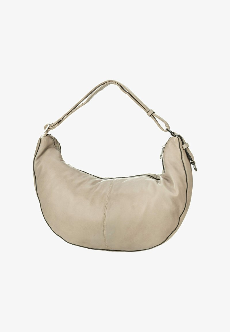 Beżowa skórzana torba na ramię o zaokrąglonym kształcie, z zamkiem błyskawicznym na górze i grubym, regulowanym paskiem. Posiada subtelne detale szwów.