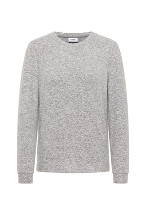 Sweatshirt gris à manches longues fabriqué en tissu texturé avec un col rond et des poignets côtelés, présentant un subtil motif chiné et une étiquette de marque.
