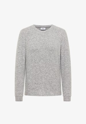 Harmaa pitkähihainen collegepaita, joka on valmistettu teksturoidusta kankaasta, jossa on pyöreä kaula-aukko ja ribbireunat. Paidassa on hienovarainen heather-kuvio ja brändilogo.