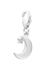 Ciondolo a forma di luna e stella in argento con una finitura lucida, caratterizzato da un piccolo cristallo trasparente sulla stella, attaccato con una chiusura a gancio.