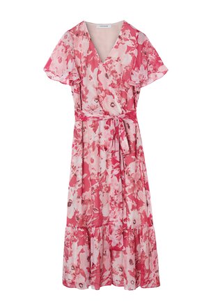 Bloemen wikkeljurk in tinten van roze, voorzien van korte ruches mouwen, een strik taille en een gelaagde zoom. Gemaakt van lichte stof.