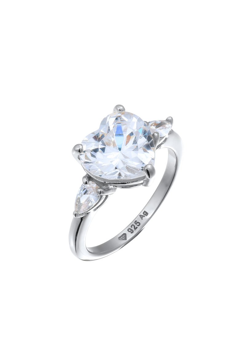 Silberring mit einem großen runden klaren Stein und zwei kleineren tropfenförmigen Steinen. Mit dem Feingehaltsstempel 925 für Sterlingsilber. Glänzende Oberfläche.