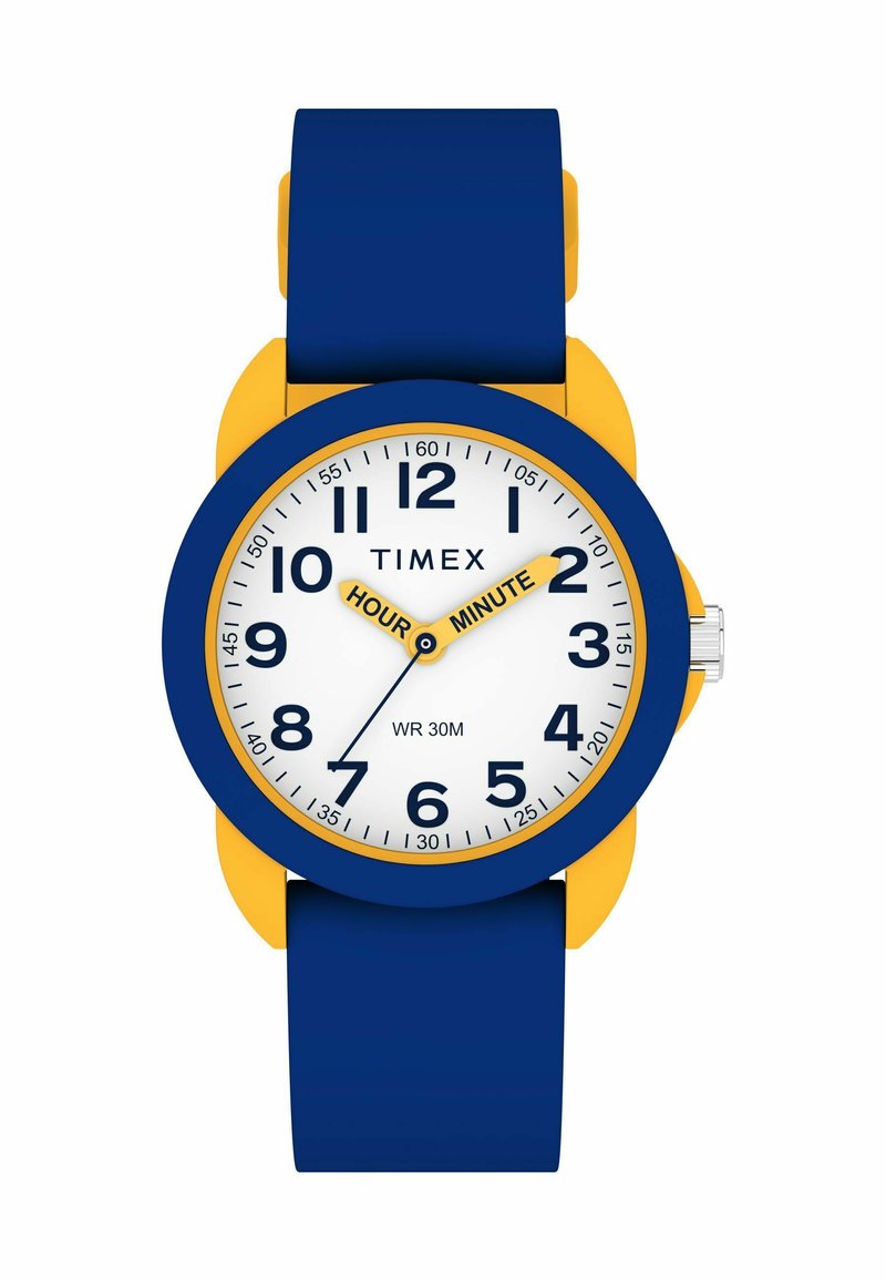 Montre Timex avec un bracelet en silicone bleu, des accents jaunes et un cadran blanc. Grands index d'heure noirs ; étanchéité jusqu'à 30 mètres.