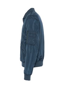 Marineblaue Bomberjacke aus glattem, glänzendem Material. Verfügt über eine Reißverschlusstasche am linken Ärmel sowie gerippte Bündchen und Säume. Einfaches Design.