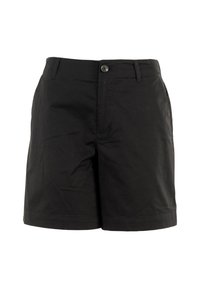 Pantaloni corti neri in cotone con fondo piatto, chiusura con bottone, tasche laterali e orlo semplice. Presentano una texture liscia e un design classico.