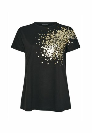 Zwarte T-shirt met korte mouwen, voorzien van een gouden paillettenontwerp aan de rechterbovenkant, ronde halslijn en een ontspannen pasvorm.