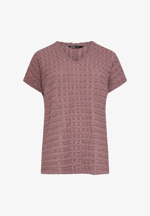 Kurzärmliges, mauvefarbenes, strukturiertes Strickoberteil mit V-Ausschnitt und erhabenem Punktmuster auf dem Stoff.