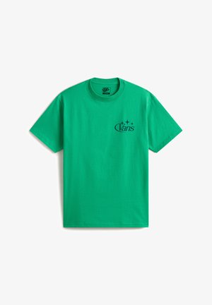 Grünes T-Shirt mit kurzen Ärmeln, Rundhalsausschnitt, kleinem schwarzem Vans-Logo und drei Stern-Grafiken auf der linken Brust.