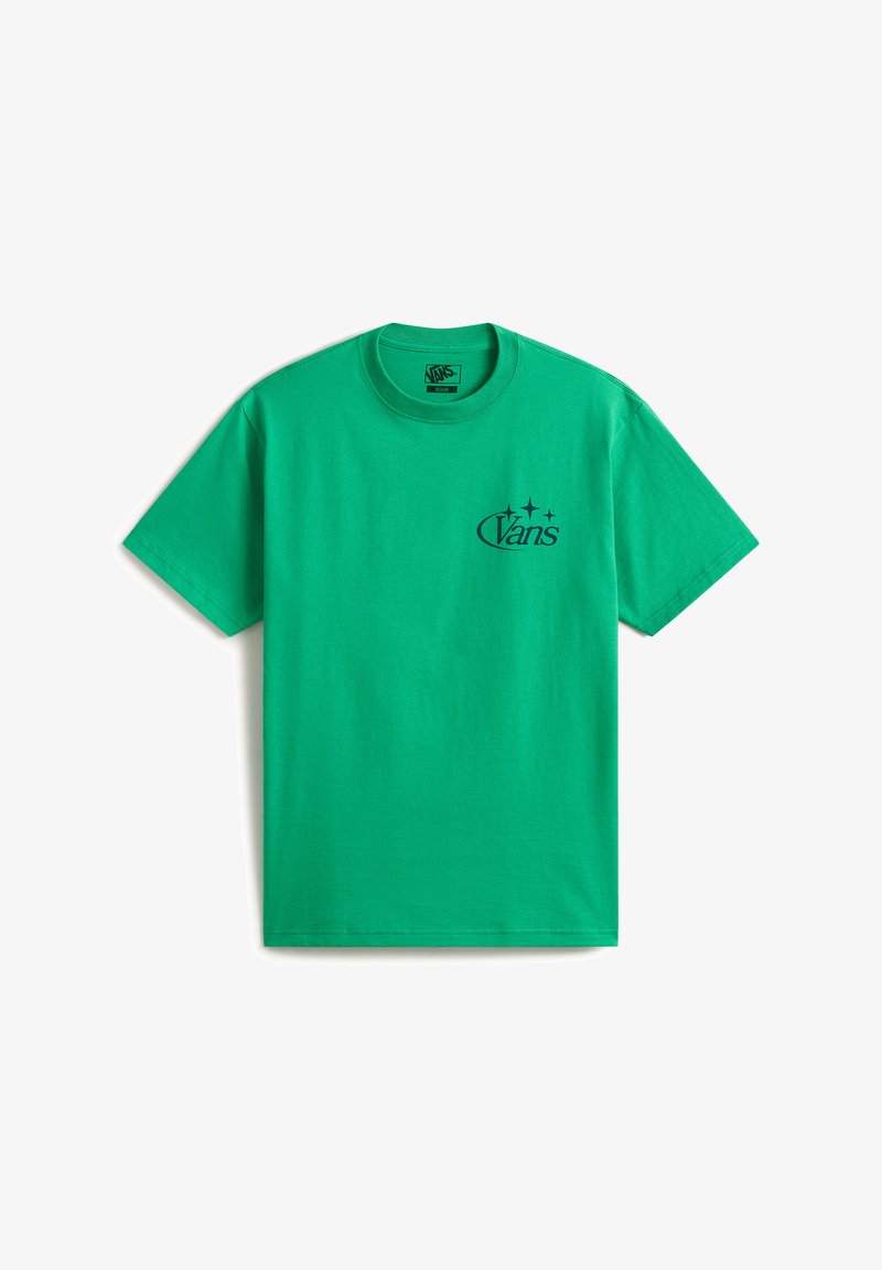 T-shirt vert à manches courtes et col rond avec petit logo Vans noir et trois étoiles graphiques sur le côté gauche de la poitrine.
